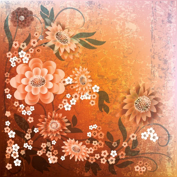 Květinové pozadí abstraktní grunge s květinami na oranžové — Stockový vektor