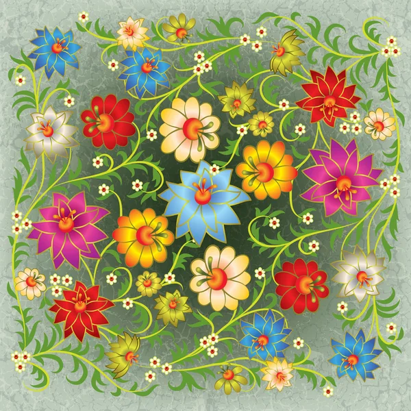 抽象 grunge 花卉装饰与裂纹 backgrou 上的花朵 — 图库矢量图片