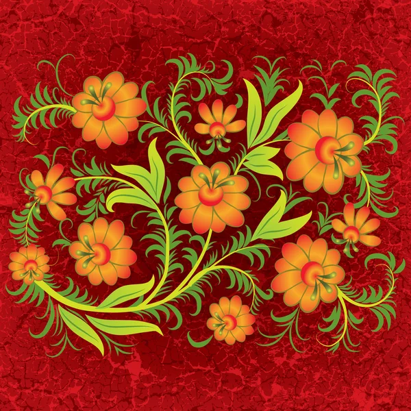 Αφηρημένο grunge floral στολίδι με τα πορτοκαλιά λουλούδια στο κόκκινο — Διανυσματικό Αρχείο