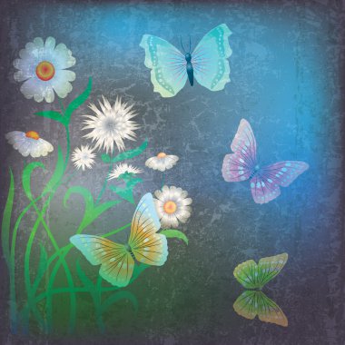 Çiçekler ve kelebeklerle soyut grunge illüstrasyonu