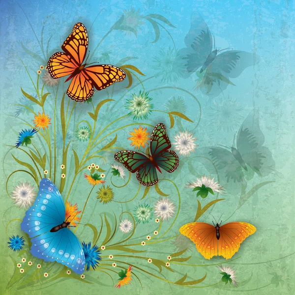 Abstract grunge illustration with butterfly and flowers — Stock Vector