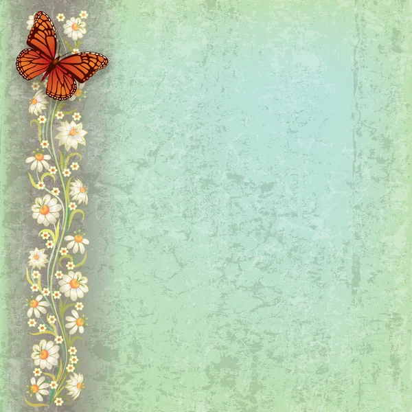 Ilustración grunge abstracta con mariposa y flores — Vector de stock