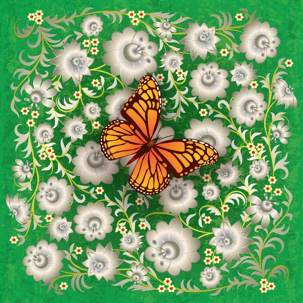 Ilustración grunge abstracta con mariposa y flores — Archivo Imágenes Vectoriales