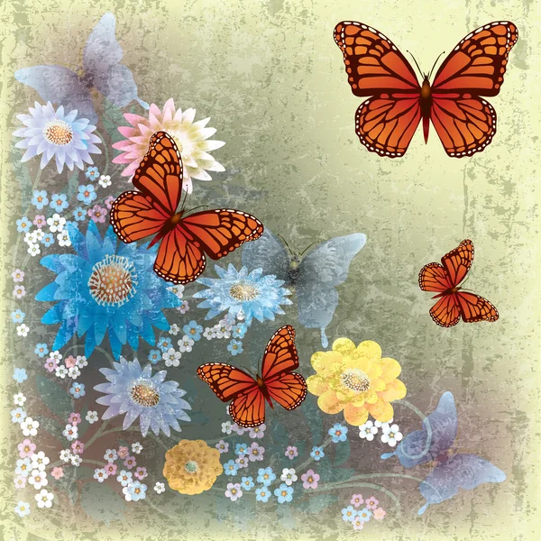 Ilustração grunge abstrata com borboleta e flores — Vetor de Stock