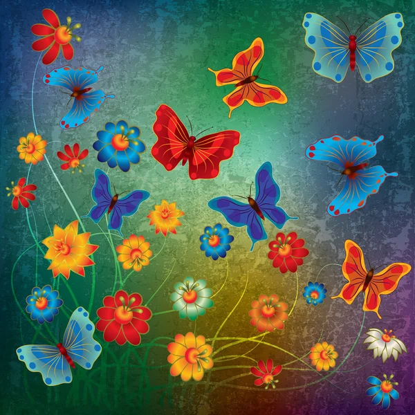 Ilustração grunge abstrata com borboleta e flores —  Vetores de Stock