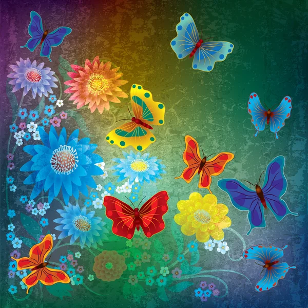 Абстрактная гранжевая иллюстрация с бабочками и цветами — стоковый вектор