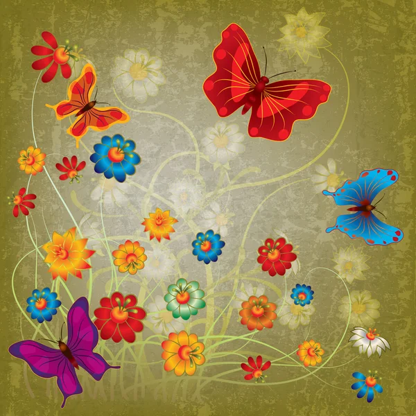 Illustrazione astratta grunge con farfalla e fiori — Vettoriale Stock
