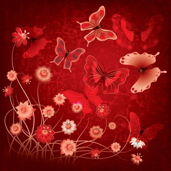 Abstrakte Grunge-Illustration mit Schmetterling und Blumen — Stockvektor