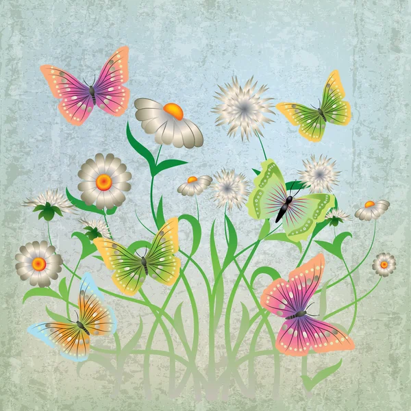 Ilustración grunge abstracta con flores y mariposa — Vector de stock