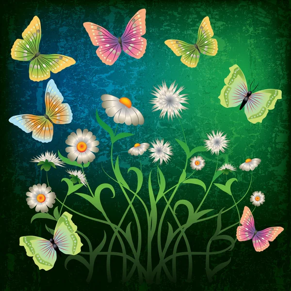 Elvont grunge illusztráció virágokkal és pillangóval — Stock Vector