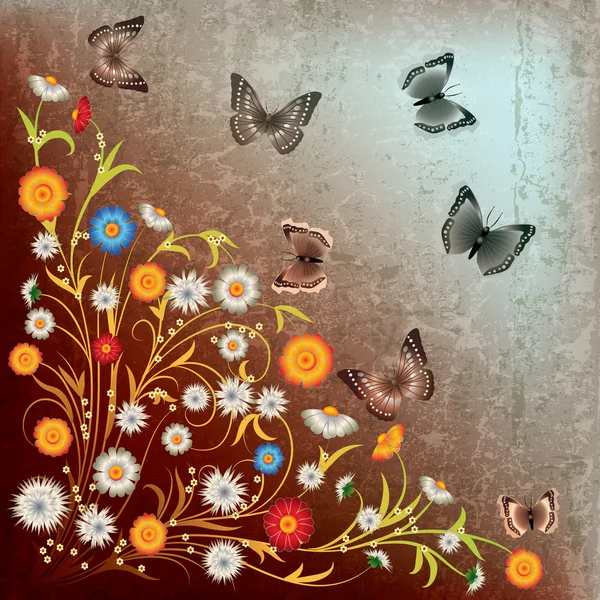Streszczenie grunge ilustracja kwiaty i motyl — Wektor stockowy