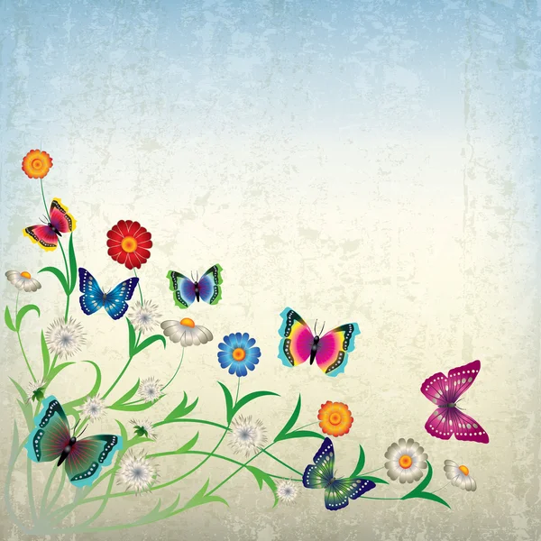Abstracte grunge illustratie met bloemen en vlinder — Stockvector