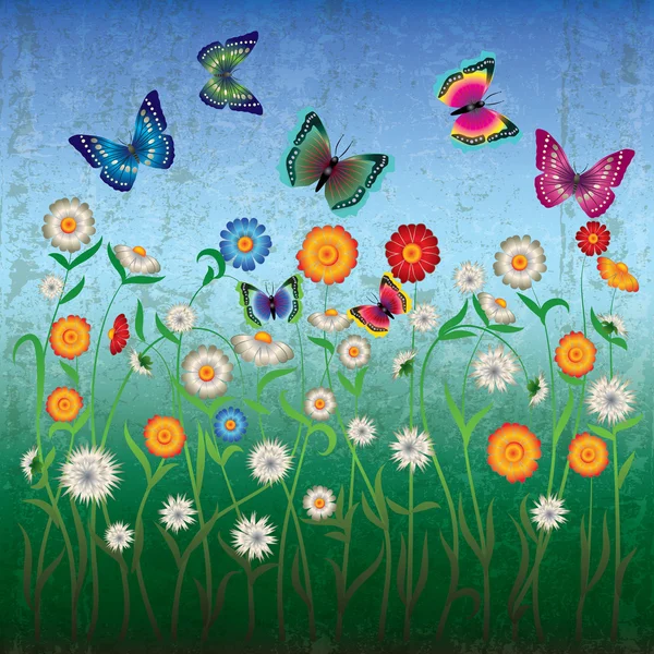 Абстрактна гранжева ілюстрація з квітами і метеликом — стоковий вектор