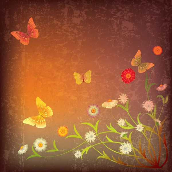 Abstrakte Grunge-Illustration mit Blumen und Schmetterling — Stockvektor