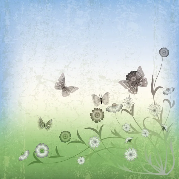 Ilustração grunge abstrata com flores e borboleta — Vetor de Stock