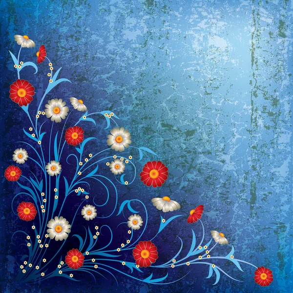 Abstrakte Grunge-Illustration mit Blumen auf blauem Hintergrund — Stockvektor