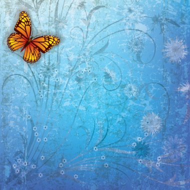 abstract grunge background with butterfly and flowers clipart