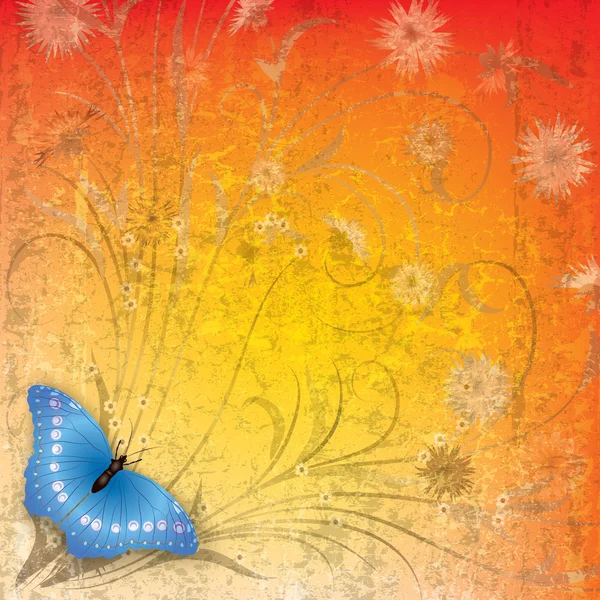 Abstracte grunge achtergrond met vlinder en bloemen — Stockvector