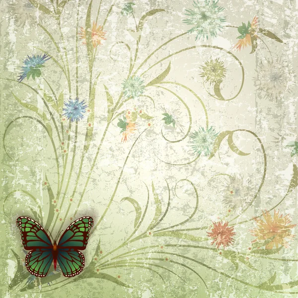 Абстрактный гранж фон с бабочкой и цветами — стоковый вектор