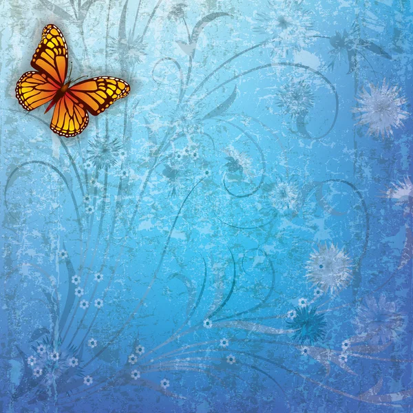 Fondo grunge abstracto con mariposa y flores — Archivo Imágenes Vectoriales