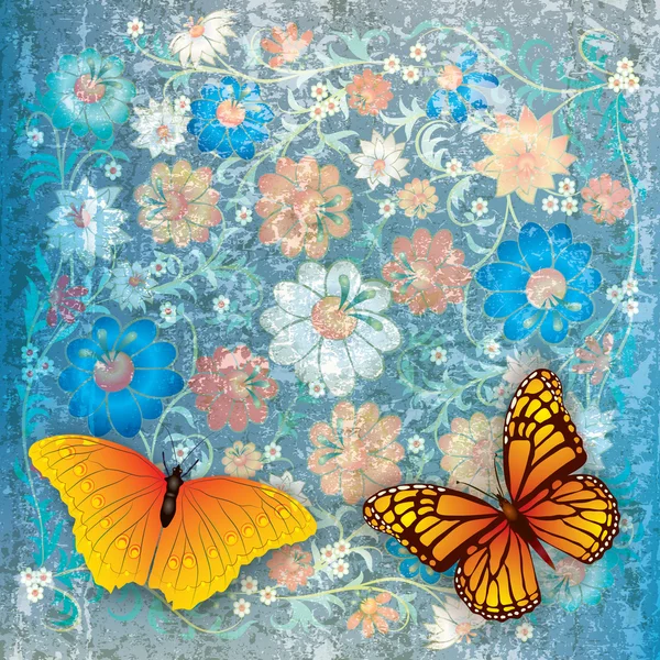 Fondo grunge abstracto con mariposas y flores — Vector de stock