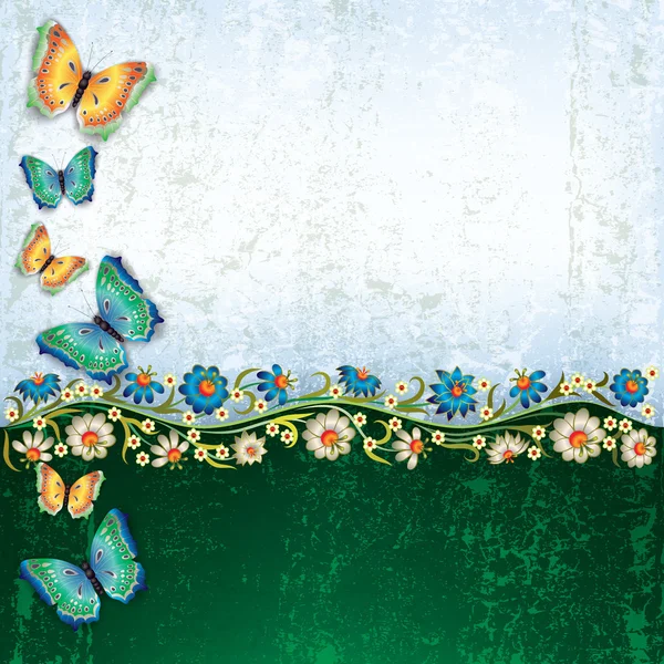 Fundo abstrato com borboleta e flores — Vetor de Stock