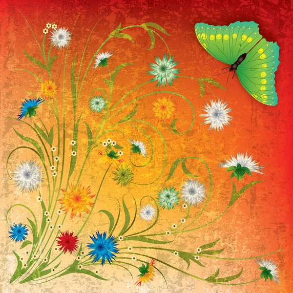 Abstrato grunge fundo com borboleta e flores — Vetor de Stock