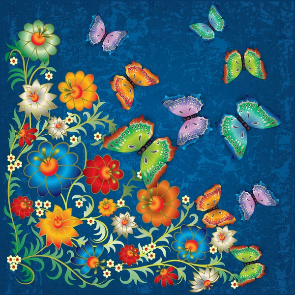 Adorno floral grunge abstracto y mariposas — Vector de stock