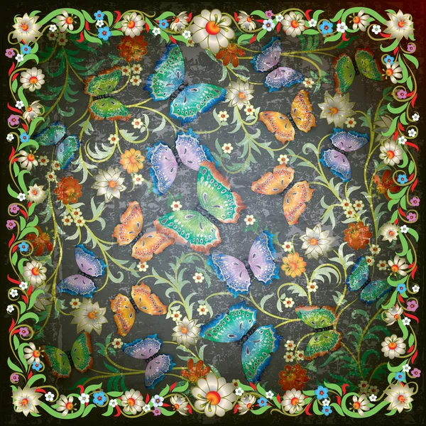 Adorno floral grunge abstracto y mariposas — Archivo Imágenes Vectoriales