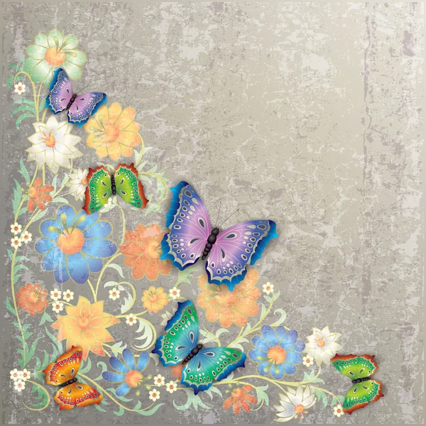 Abstrakt grunge blomster ornament og sommerfugle – Stock-vektor