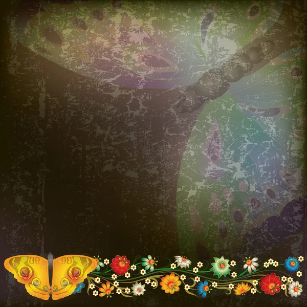 Fond abstrait avec papillon et fleurs — Image vectorielle