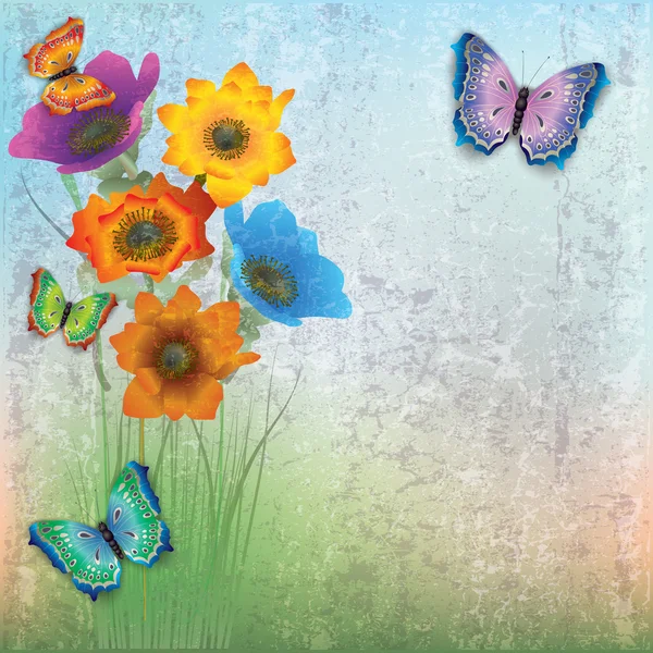 Sfondo astratto con farfalle e fiori — Vettoriale Stock