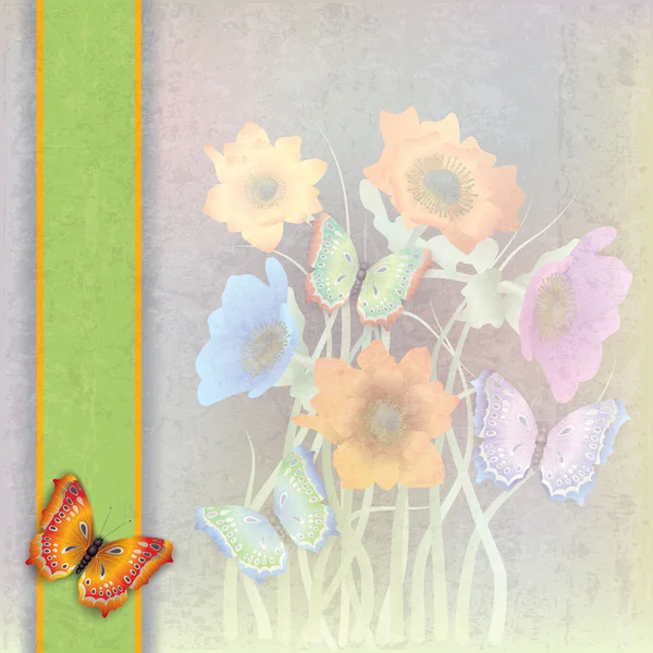 Fundo abstrato com borboletas e flores — Vetor de Stock