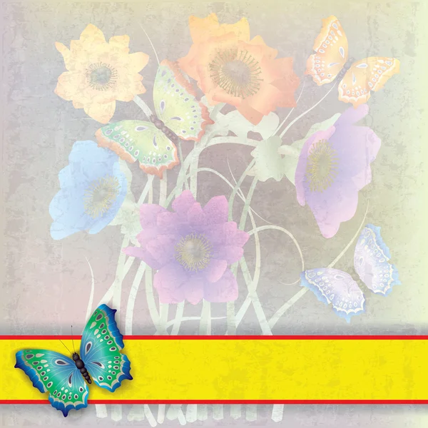 Fundo abstrato com borboletas e flores — Vetor de Stock