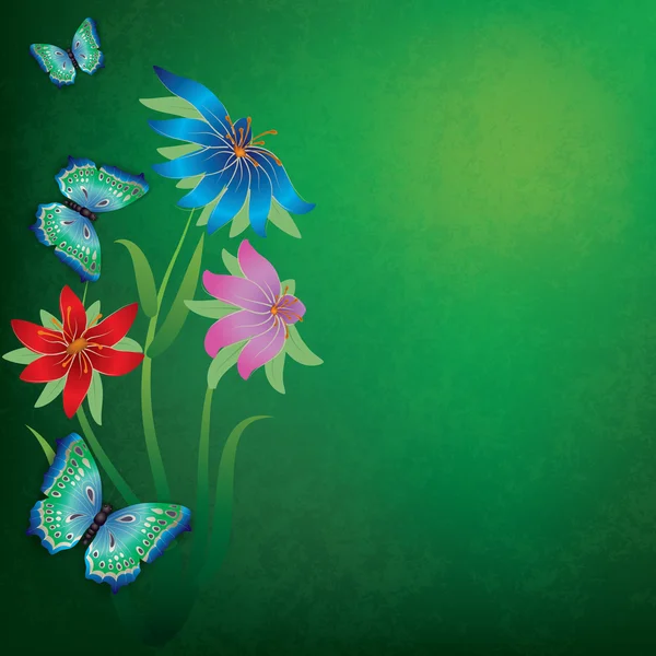 Abstrakter Grunge-Hintergrund mit Schmetterlingen und Blumen — Stockvektor