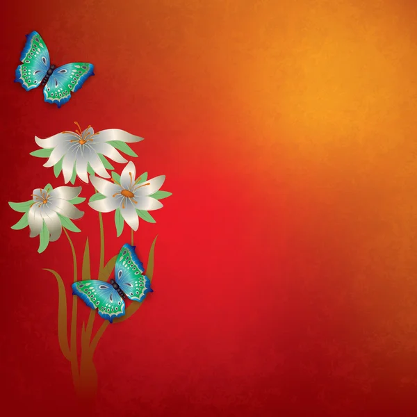 Abstrato grunge fundo com borboleta e flores — Vetor de Stock