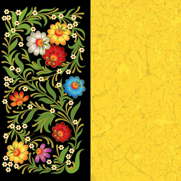Grunge ornamento floreale su nero giallo — Vettoriale Stock