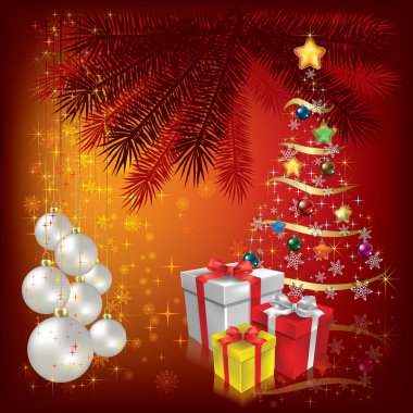 Christmas tree with gifts on red clipart