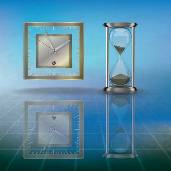 Абстрактная гранжевая иллюстрация с песочными часами и часами — стоковый вектор