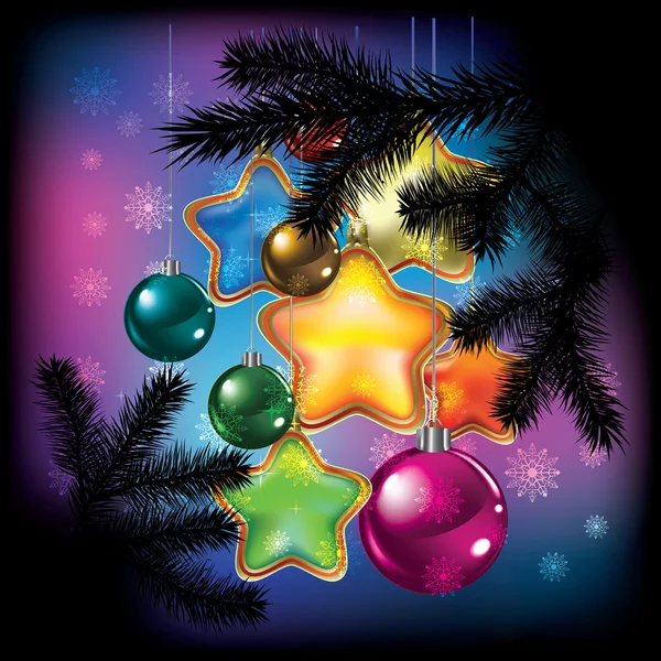 Boules de Noël et flocons de neige sur noir — Image vectorielle