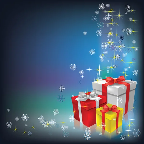 Weihnachtsgeschenke und Schneeflocken auf blau — Stockvektor