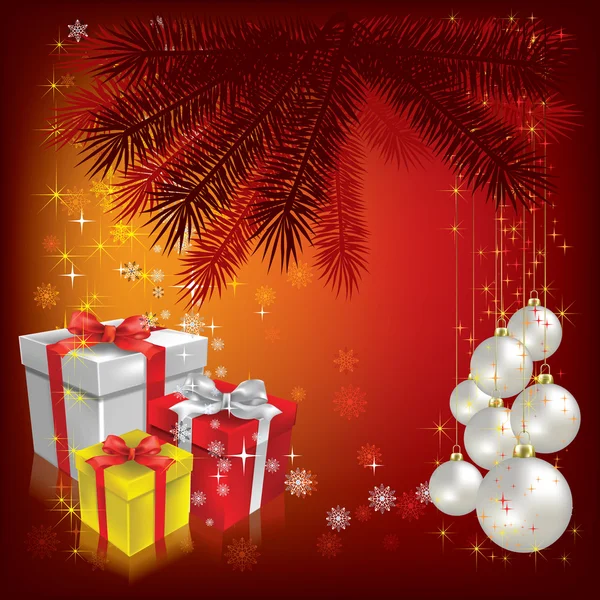 Різдвяна ялинка з подарунками та кульками на червоному — стоковий вектор