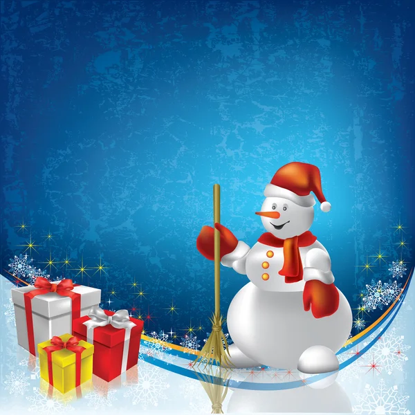 Resumen Saludo navideño con muñeco de nieve y regalos — Archivo Imágenes Vectoriales
