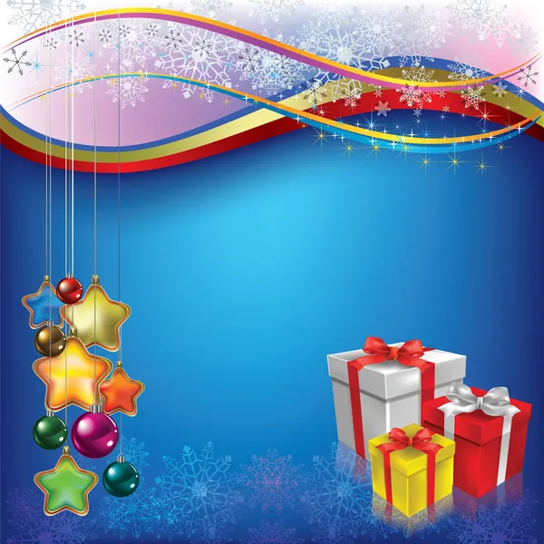 Vánoční pozdrav s dárky na modré — Stockový vektor