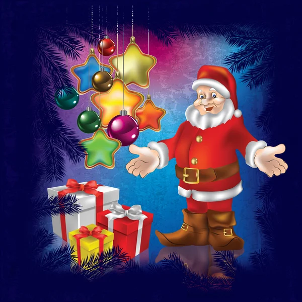 Salutation de Noël avec le Père Noël et cadeaux sur bleu — Image vectorielle