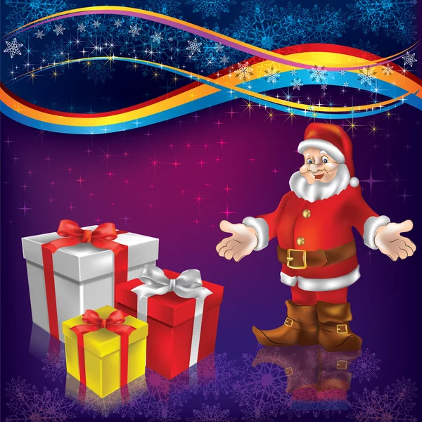Salutation de Noël avec le Père Noël et cadeaux — Image vectorielle