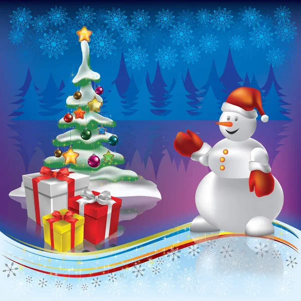 Árbol de Navidad con regalos y muñeco de nieve en azul — Vector de stock