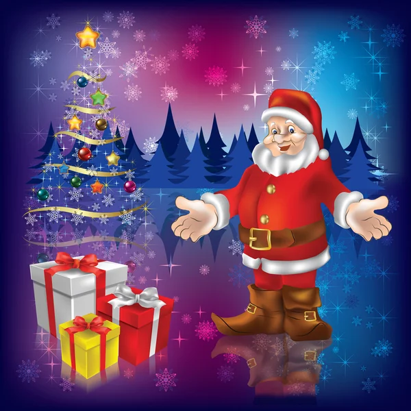 サンタ・クラスとプレゼント付きクリスマスツリー — ストックベクタ