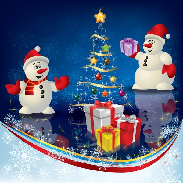 Salutation de Noël abstraite avec bonhomme de neige et cadeaux — Image vectorielle