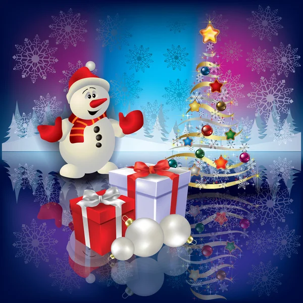 Resumen Saludo navideño con muñeco de nieve y árbol — Vector de stock